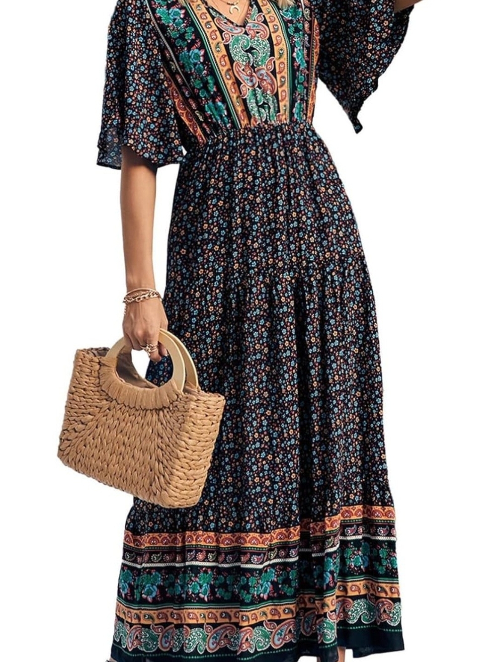 Bohemian Floral Maxi Dress in Black